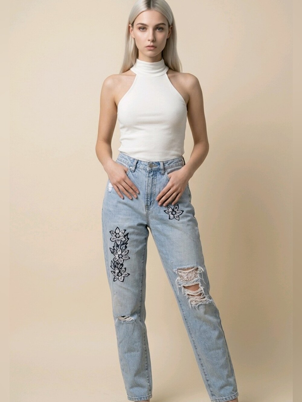 Vintage High Rise Zip Code Jeans Size 9/10 Heavily Distressed Flowers Mom jeans